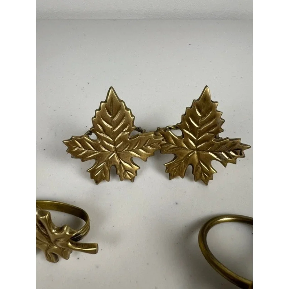 Vintage Brass Napkin Rings Set of 6 Mixed Leaves and Christmas Trees Gold Tone